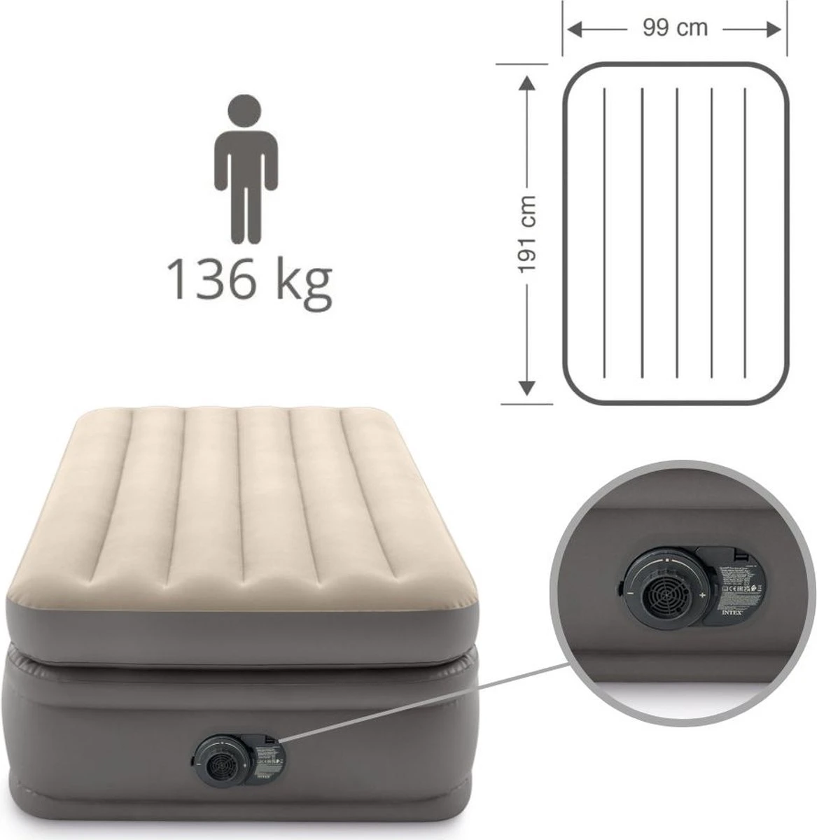 Intex Prime Comfort - Luchtbed - 1-Persoons - 99x191x51 Cm (BxLxH) - Grijs - Met Ingebouwde Motorpomp 7 Intex Prime Comfort - Luchtbed - 1-Persoons - 99x191x51 Cm (BxLxH) - Grijs - Met Ingebouwde Motorpomp - Afbeelding 5