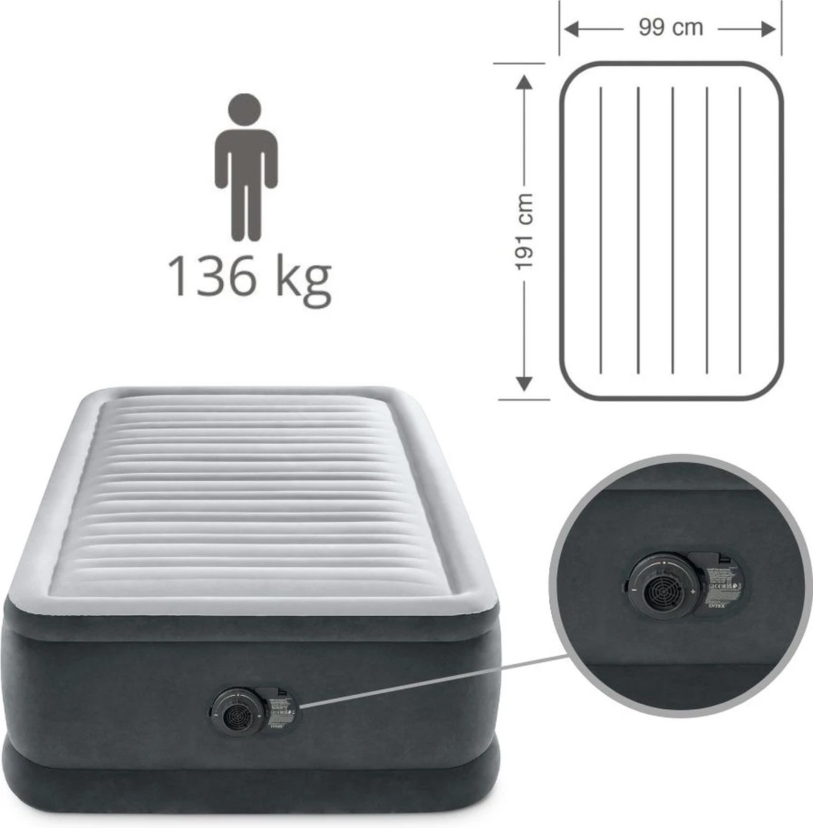 Intex Luchtbed - 1-Persoons - 99 X 191 X 46 Cm - Grijs - Met Ingebouwde Pomp, Hoeslaken Wit En Reparatieset 11 Intex Luchtbed - 1-Persoons - 99 X 191 X 46 Cm - Grijs - Met Ingebouwde Pomp, Hoeslaken Wit En Reparatieset - Afbeelding 9