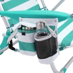 Strandstoel Met Afneembare Hoofdsteun, Draagbare Klapstoel, Campingstoel, Rugleuning Tot 180° Verstelbaar, Met Bekerhouder En Zijvak, Groene En Witte Strepen GCB62JW -Kampeermeubilair 1199x1200 1