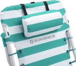 Strandstoel Met Afneembare Hoofdsteun, Draagbare Klapstoel, Campingstoel, Rugleuning Tot 180° Verstelbaar, Met Bekerhouder En Zijvak, Groene En Witte Strepen GCB62JW -Kampeermeubilair 1200x1038