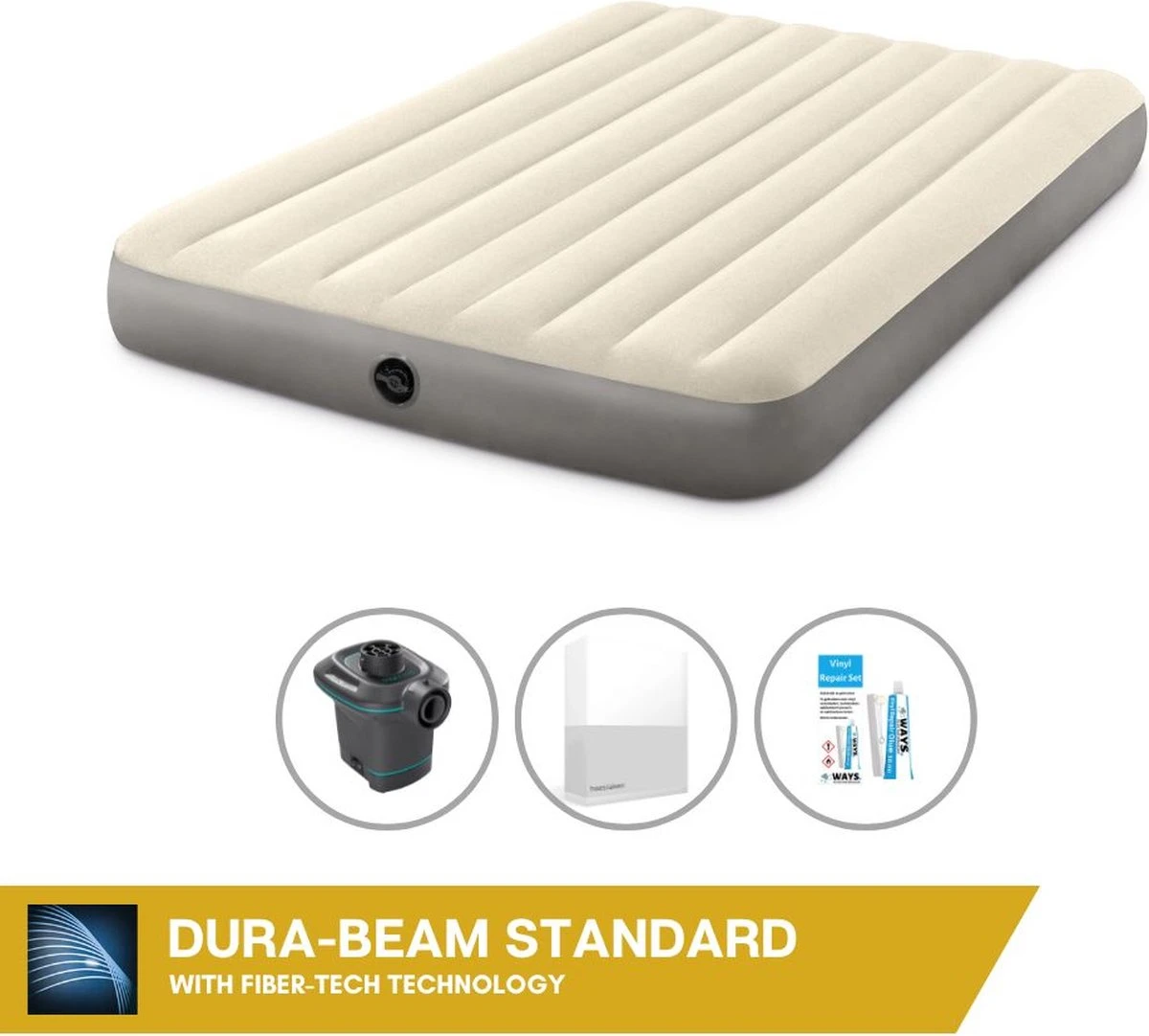 Intex Luchtbedset Intex Luchtbed - 2-Persoons - 152 X 203 X 25 Cm - Beige + Intex Elektrische Pomp - 650 Liter/min + Hoeslaken Wit + Reparatieset 3 Intex Luchtbedset Intex Luchtbed - 2-Persoons - 152 X 203 X 25 Cm - Beige + Intex Elektrische Pomp - 650 Liter/min + Hoeslaken Wit + Reparatieset
