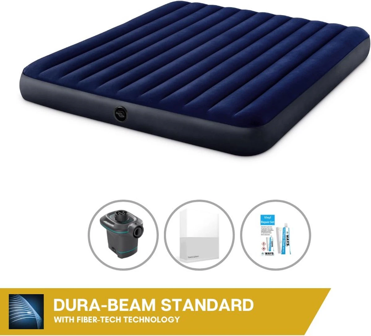 Intex Luchtbedset Intex Luchtbed - 2-Persoons - 183 X 203 X 25 Cm - Blauw + Intex Elektrische Pomp - 650 Liter/min + Hoeslaken Wit + Reparatieset 3 Intex Luchtbedset Intex Luchtbed - 2-Persoons - 183 X 203 X 25 Cm - Blauw + Intex Elektrische Pomp - 650 Liter/min + Hoeslaken Wit + Reparatieset