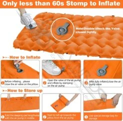 LVNRIDS Isomat, Zelfopblazend, Ultralicht, Luchtmatras, Camping, Zelfopblaasbaar, Opblaasbaar Matras, 3,9 Inch Dik, Met Voetperspomp En Kussen, Voor Camping, Reizen, Outdoor, Wandelen, Strand, Oranje -Kampeermeubilair 1200x1182 1