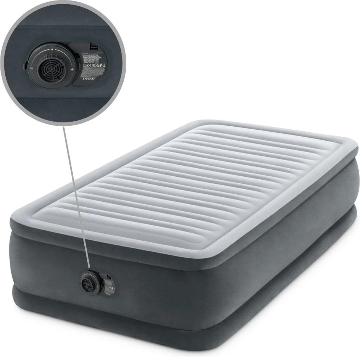 Intex Luchtbed - 1-Persoons - 99 X 191 X 46 Cm - Grijs - Met Ingebouwde Pomp, Hoeslaken Zwart En Reparatieset 8 Intex Luchtbed - 1-Persoons - 99 X 191 X 46 Cm - Grijs - Met Ingebouwde Pomp, Hoeslaken Zwart En Reparatieset - Afbeelding 6