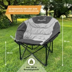 Skandika Moonchair Sirkka – Campingstoelen – Klapstoel – Vouwstoel – Kampeerstoel - Grote, Comfortabele, Campingstoel Opvouwbaar, Gepolsterd, Koelvak, Drinkhouder, Draaggreep En Draagtas, Antislipvoetjes - Max. 150 Kg – Zwart/grijs -Kampeermeubilair 1200x1200 160