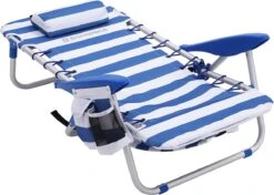 Naqsh Store Strandstoel Met Hoofdkussen, Aluminium, Draagbare Vouwstoel, Campingstoel, Opvouwbaar En Verstelbaar, Zoals Een Rugzak Draagbaar, Buitenstoel, Blauw En Wit Gestreept GCB62BU -Kampeermeubilair 1200x853